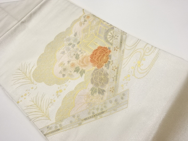 JAPANESE KIMONO / GOSHOGURUMA / GRASS / FLOWERS / BLUE SEA WAVE PATTER
